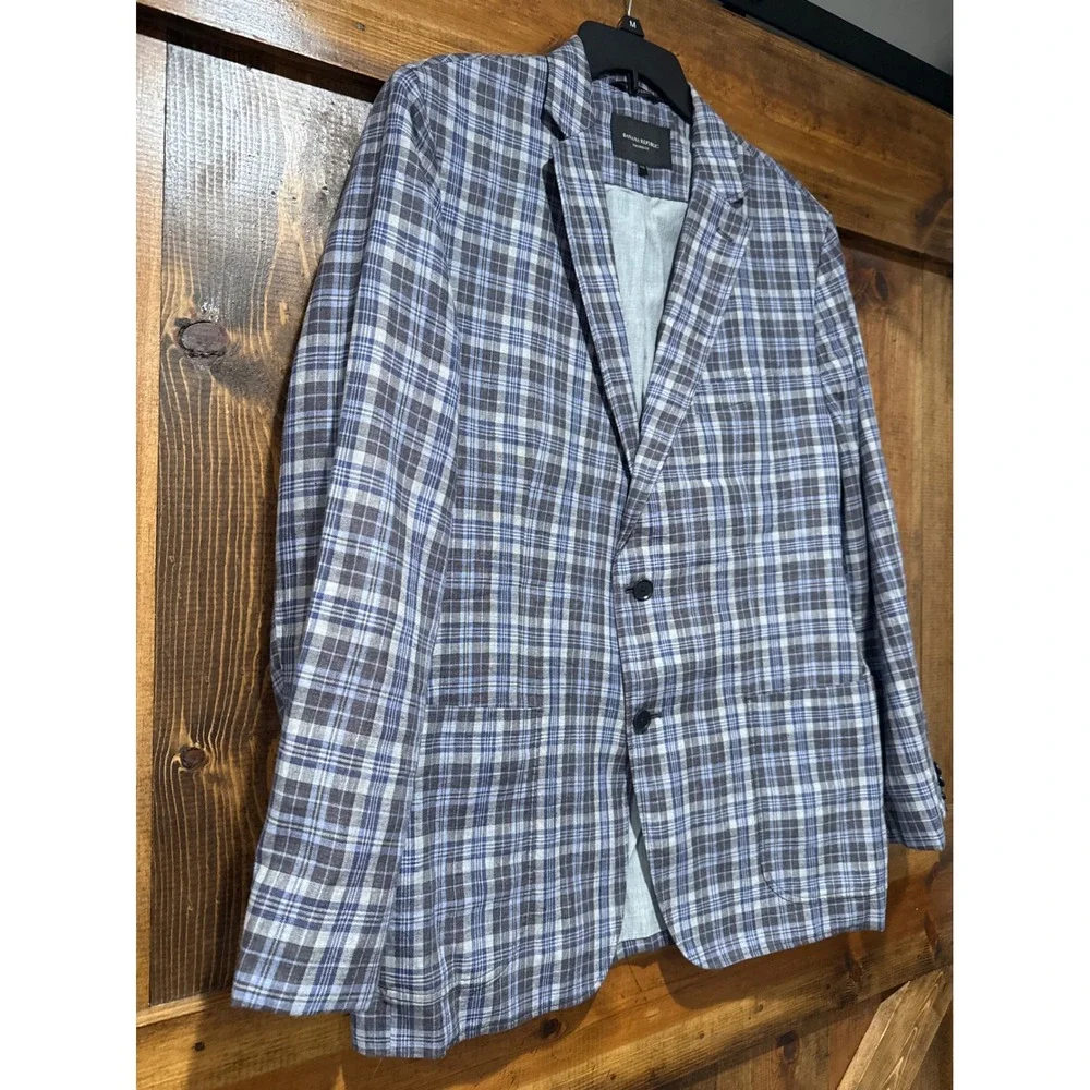 Banana Republic Tailored Fit 100% Linen Plaid Blazer Sport Coat Blue Brown 44R